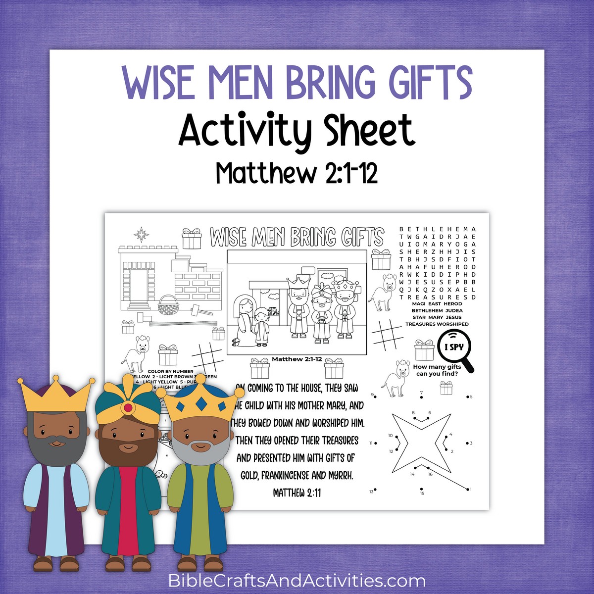 wise men bring gifts activity sheet - bible crafts shop